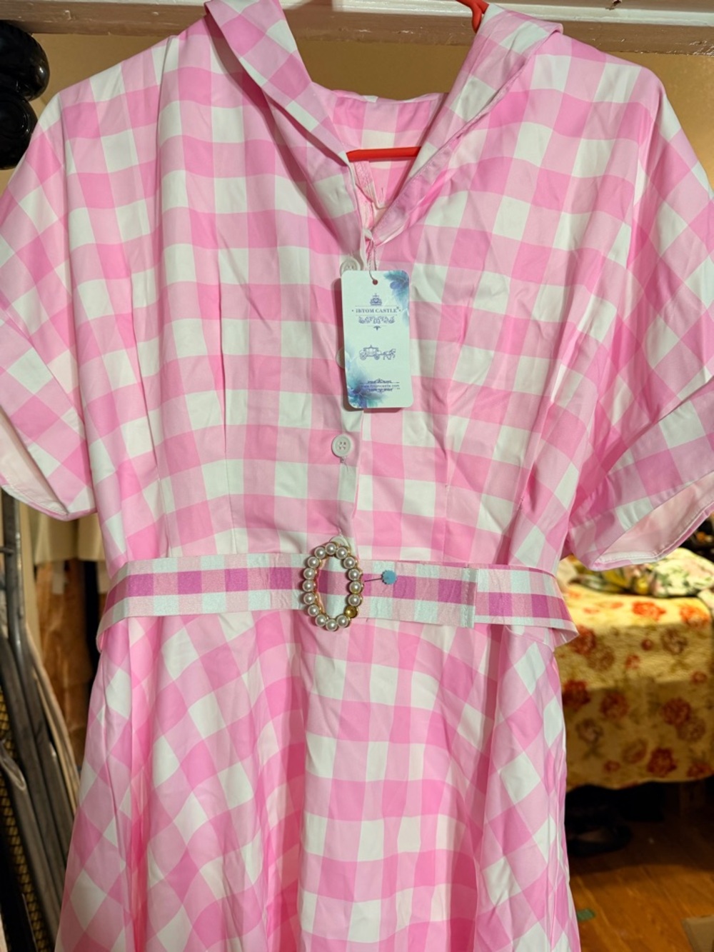 Women's Pink Gingham Midi Dress